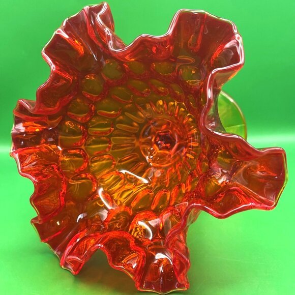 Fenton Amberina Ruffled Crimped Thumbprint Pedestal Candy Dish Compote VTG MCM - Picture 5 of 13